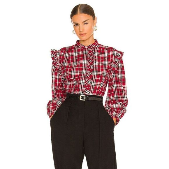 Something Navy Flannel Plaid Ruffle in Shirtred Small - Picture 1 of 7